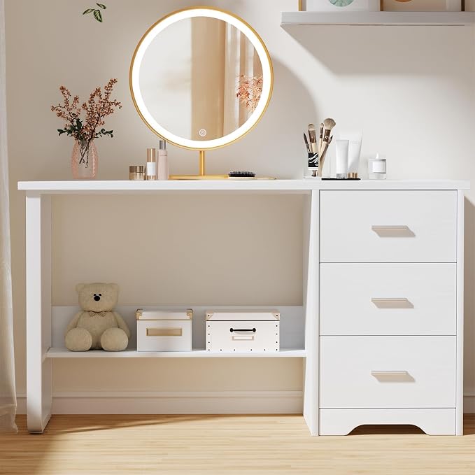 MaverickFurni White Desk with Drawers, 47 Inch Computer Desk with 3 Drawers for Bedroom, Study Desk with Drawers for Small Spaces, Bottom Shelves