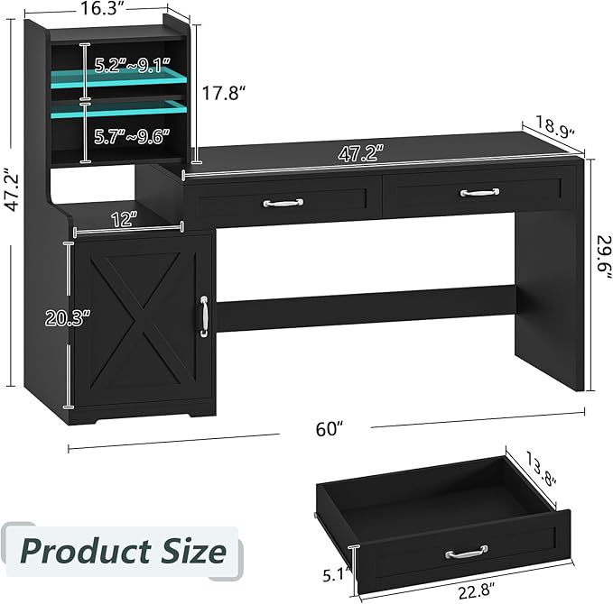 60" Computer Desk with 2 Drawer & Bookshelves, Home Office Desk with Storage Cabinet & Spacious Desktop, Writing Gaming Study Table with Bookcase, Black