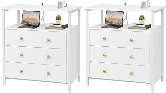3 Wooden Drawers Nightstand, 27 Inch Wide Night Stand Set 2 with Charging Station and Adjustable Drawers, Small Dresser for Closet, Bedside Table for Living Room/Bedroom/Office, White.