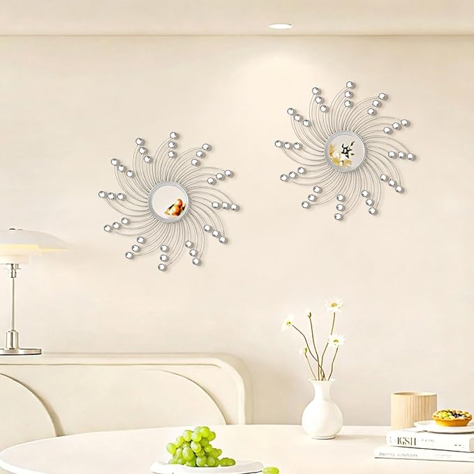 2 Pack Metal Mirrors for Wall Boho Sunburst Wall Mirror Home Decor Modern Decorative Wall Art for Bedroom Living Room Entryway