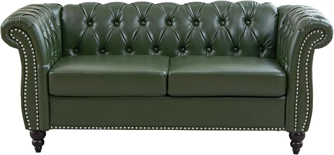 LEVNARY Chesterfield Loveseat, 2 Seater Tufted Couch for Living Room, Classic Button Tufted Upholstered Sofa, Modern Mid-Century PU Leather Loveseat (Green)