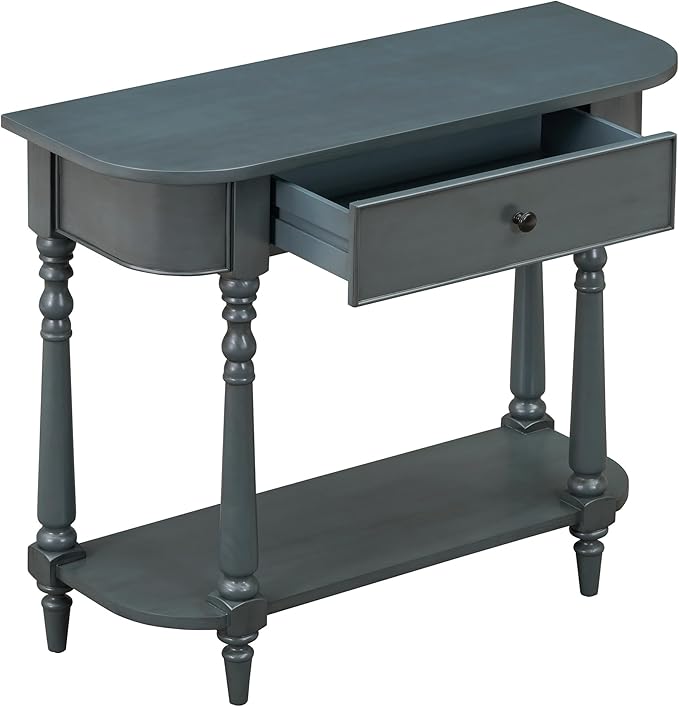 SOFTSEA Farmhouse Curved Console Table with Storage Drawer and Open Shelf, Rustic Curved Entryway Table for Living Room Hallway, 36 inch Conosle Table, Navy