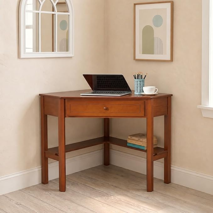 Ellen Wood Small Corner Desk with Wooden Knob Storage Drawer and Shelf – Compact Computer Table for Home Office, Bedroom, or Study, Cherry