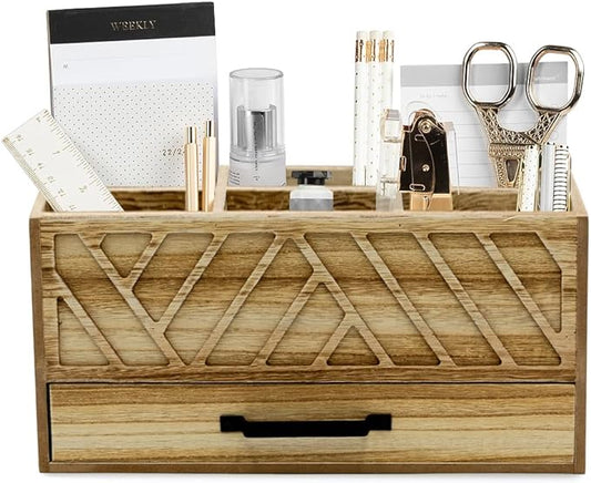 BLU MONACO | Natural Wood Desktop Pen Organizer with Drawer | Wooden Pen Holder & Stationery Organizer with 6 Compartments | Desk Storage for Office, Art Supplies & Home