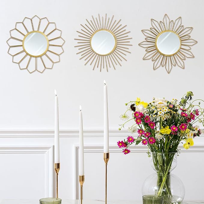 hogardeck Metal Mirrors Wall Decor - 3 Pcs 11" Metal Sunburst Flower Wall Mirrors Home Décor, Decorative Hanging Wall Art for Living Room, Bedroom, Kitchen, Bathroom, Entryway