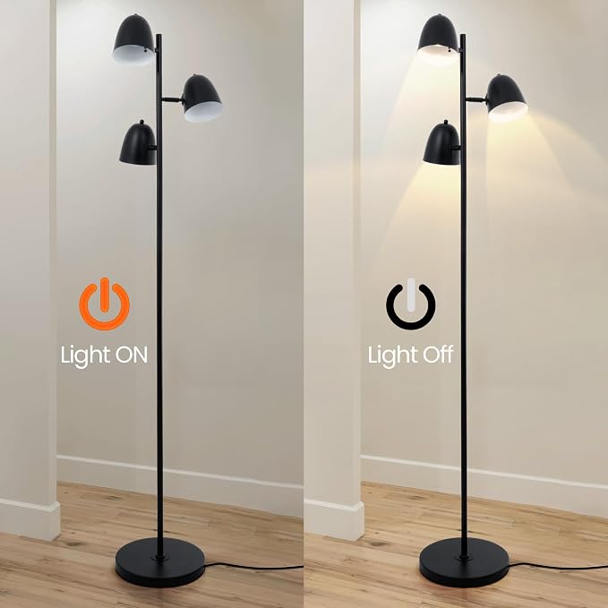 Modern Tree Floor Lamp for Living Room, 3 Lights Industrial Farmhouse Black Standing Tall Pole Lamps with Adjustable Metal Shades 70'' LED Reading Floor Lamps Decor for Bedroom Home Office