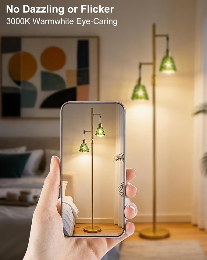 2-Light Modern Glass Floor Lamp, Gold Standing Tall Lamp with Green Shell Glass Shade, Dimmable LED Floor Lamp with 5Lbs Heavy Base for Living Room Bedroom Home Decor, Bulb Included