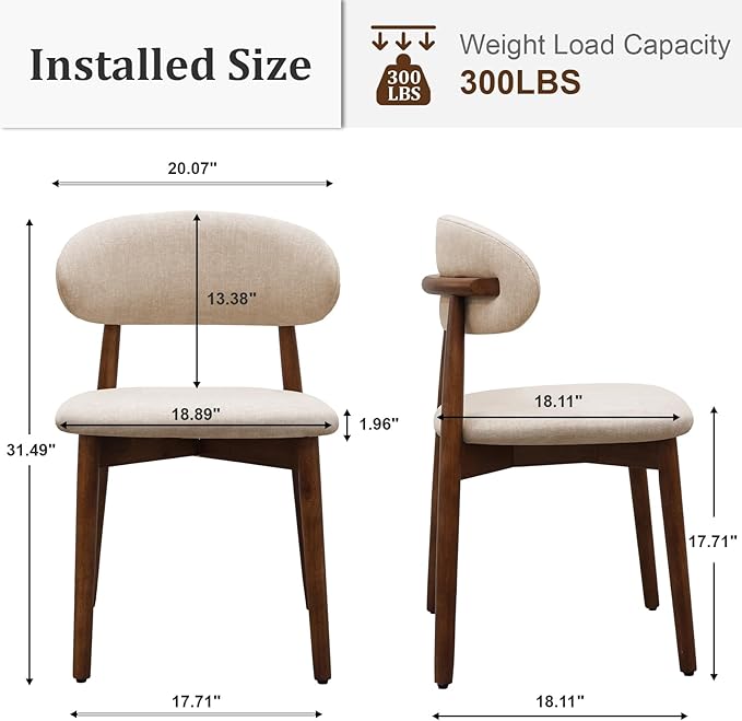 Farmhouse Dining Chairs Set of 6, Mid Century Modern Fabric Upholstered Kitchen Chairs, Wooden Dining Room Chair with Curved Back for Kitchen Dining Room Restaurant Cafe, Light Camel (Only Chairs)