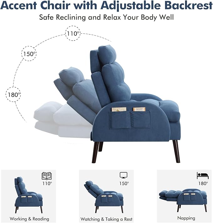 HCHAIRH Accent Chair with Ottoman, Velvet Comfy Reading Chair and Ottoman Set, Modern Oversized Velvet Lounge Sleeper Armchair with Adjustable Backrest for Living Room Bedroom, Blue