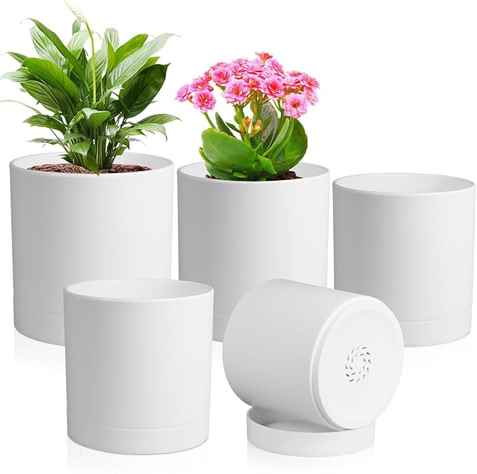 Meowell 7/6.5/6/5/4 inch Flower Pots, 5 Pack Cylinder Plant Pots for Small Indoor Outdoor Plants, Plastic Planters with Drainage Holes and Saucers for Garden Succulent Nursery House Plants, White