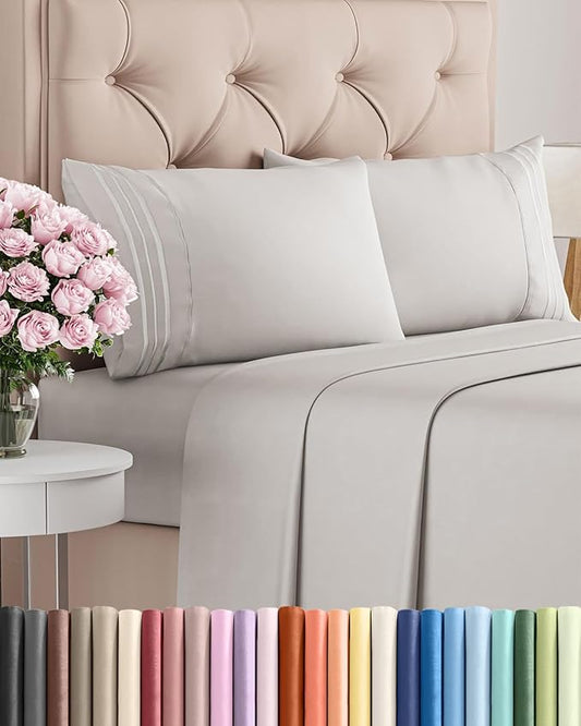 Cal King Size 4 Piece Sheet Set - Comfy Breathable & Cooling Sheets - Hotel Luxury Bed Sheets for Women & Men - Deep Pockets, Easy-Fit, Soft & Wrinkle Free Sheets - French Grey Oeko-Tex Bed Sheet Set
