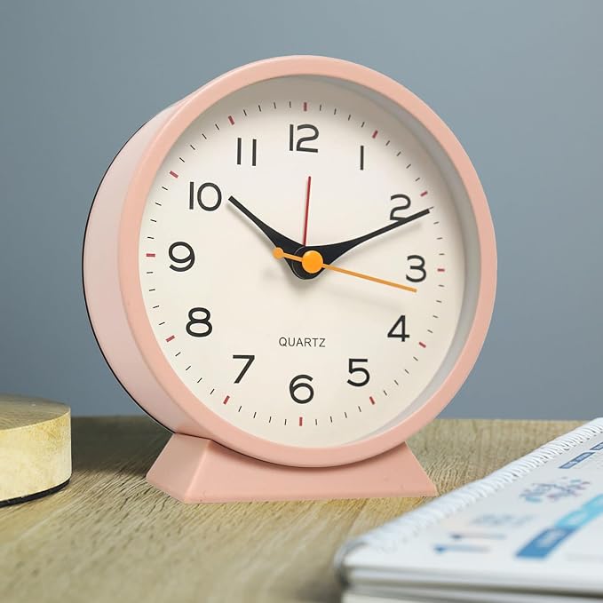 SHISEDECO 4.5" Battery Operated Antique Retro Analog Alarm Clock, Small Silent Bedside Deskclock with Light Function, Non-Ticking Tableclock Decor for Living Room, Bedroom, Bedside, Shelf (Pink)