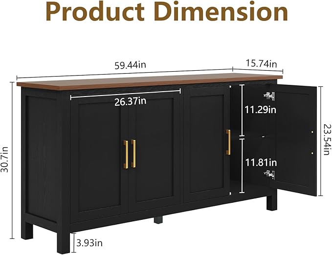 ARTPOWER Large Sideboard Buffet Cabinet with Storage, 60" Accent Cabinet Modern Buffet Table with Adjustable Shelf, Credenza Black Storage Cabinet for Dining Room, Living Room, Kitchen, Entryway
