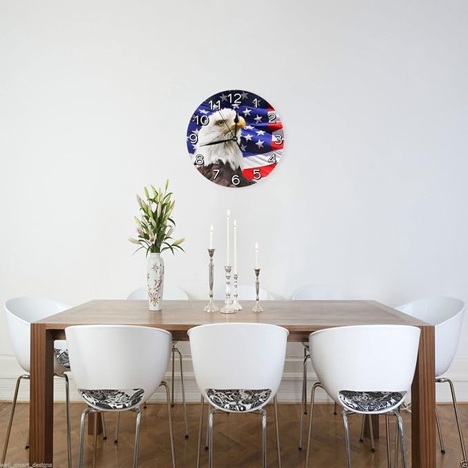 Patriotic Bald Eagle with American Flag Wall Clock Battery Operated Silent Round Clock Wall Decor for Home Office School, 12 Inch