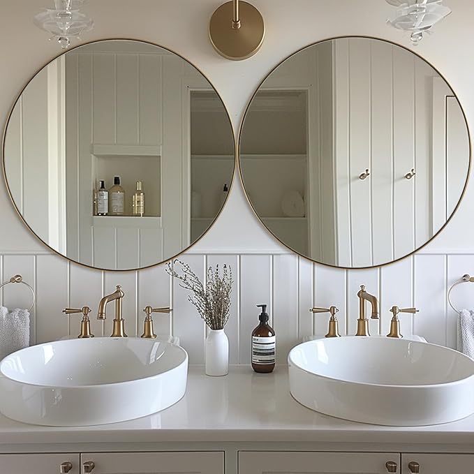 ANDY STAR Gold Round Mirror, Large Brushed Gold Round Bathroom Mirror, Brass Circle Mirror 32 inch, Modern Vanity Mirror in Stainless Steel Metal Frame for Home Decor, Entryway, Living Room