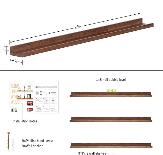 AZSKY 36 Inch Picture Ledge Shelf Rustic Wall Mount Light Walnut Long Narrow Picture Shelves Storage for Books Music Albums Green Plants-Photo Ledge Shelf Set of 3 Mounting Hardware Include