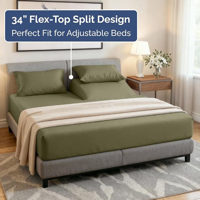 Flex Top Split Head King 4 Piece Sheet Set - Ultra-Soft, Breathable & Cooling Bed Sheets Set - Hotel Luxury Bedding for Women & Men with Deep Pockets - Wrinkle and Fade Free - Oeko-Tex - Sage Green
