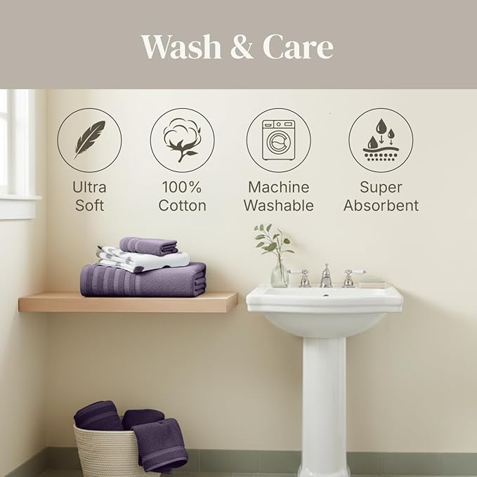 Modern Threads Organic Vines 6-Piece 100% Cotton Towel Set – Yarn Dyed Jacquard & Solid – Includes 2 Bath Towels, 2 Hand Towels, 2 Washcloths – Absorbent, Quick Dry, Soft & Durable – Lavender