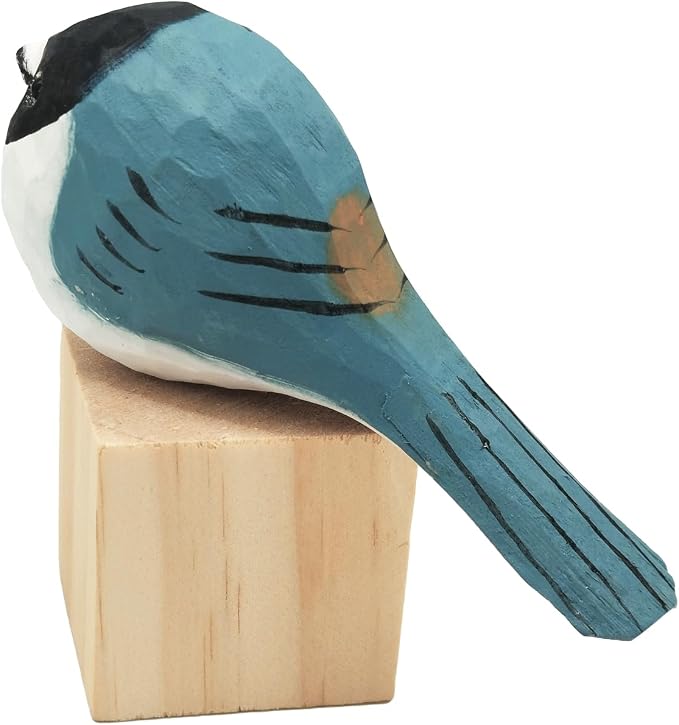 DIYOMR Hand Carved Wooden Bird Statue, Art Animal Sculpture with Wood Block, Vivid Blue Sparrow for Gift Home Table Ornament Decor