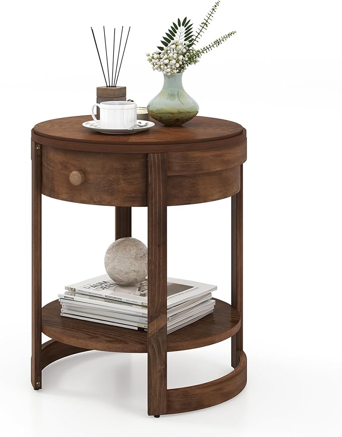 Giantex Round Side Table, 2-Tier Retro End Table with Drawer & Shelf, Wooden Accent Table with Antique Wood Grain Finish, Vintage Nightstand for Living Room Bedroom, Walnut