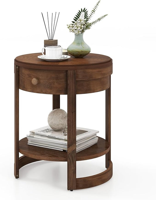Giantex Round Side Table, 2-Tier Retro End Table with Drawer & Shelf, Wooden Accent Table with Antique Wood Grain Finish, Vintage Nightstand for Living Room Bedroom, Walnut