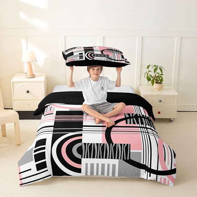 Erosebridal Art Deco Mid Century Duvet Cover Set Retro Modern Abstract Geometric Girl Toddler Bedding Set for Child Boys Black and White Pink Circles Stripes Comforter Cover Contemporary Bed Sets