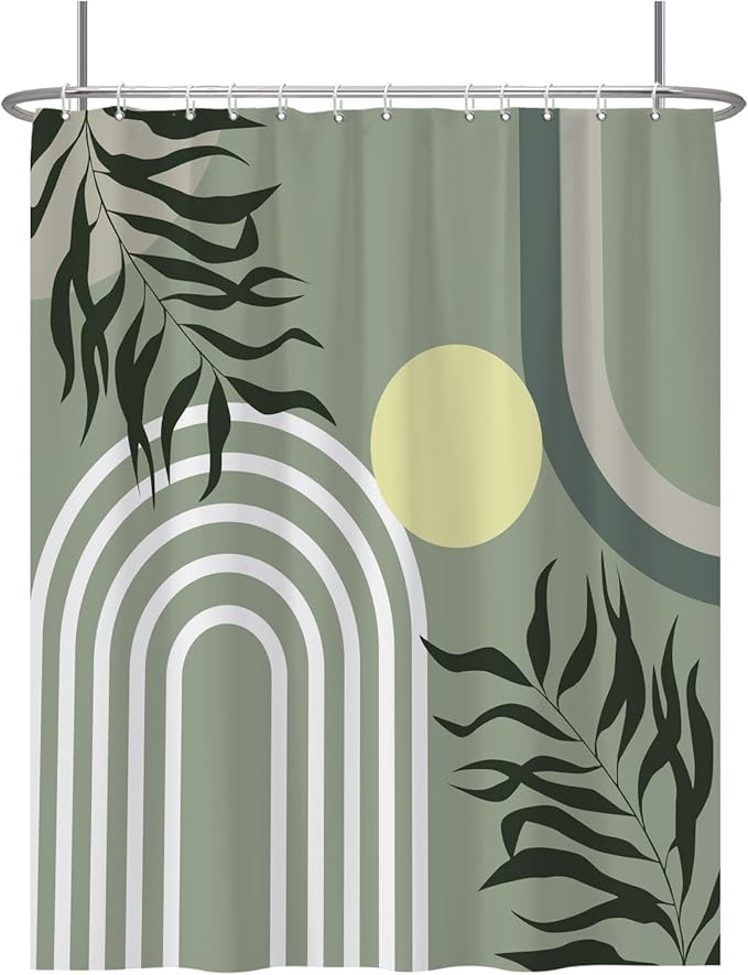 Baocicoo Green Minimalism Boho Shower Curtain Mid Century Abstract Sun Shower Curtain for Bathroom Modern Hostel Hotel Durable Polyester Waterproof Curtain for Bathroom with Hooks 72x84 Inches