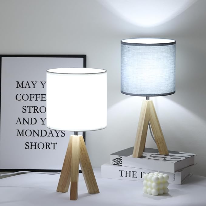 Table Lamp,Small Tripod Desk Lamp with Linen Fabric Lampshade,14.9",Tri-Color 5W Wooden Table Lamp for Living Room,Kids Room,Nursery (White)