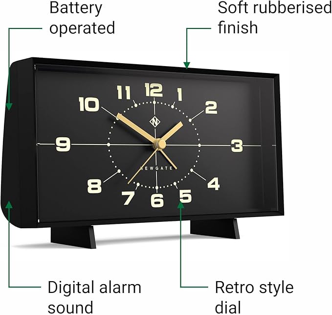 NEWGATE® Wideboy Alarm Clock | Rectangular Retro Design | Black | Mid-Century dial | Ideal for Bedside, Desk, Mantel or Shelf | Retro Bedroom & Office Accessory