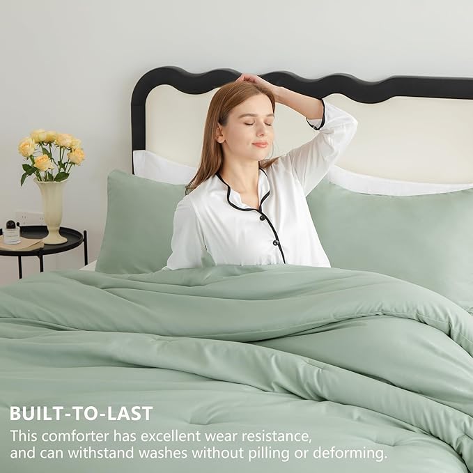 CozyLux Queen Comforter Set Sage Green, 3 Pieces Lightweight Comforters Queen Size Quilted Bedding Set, All Season Breathable Solid Down Alternative Comforter with 2 Pillowcases, Bed Set Gift for Home