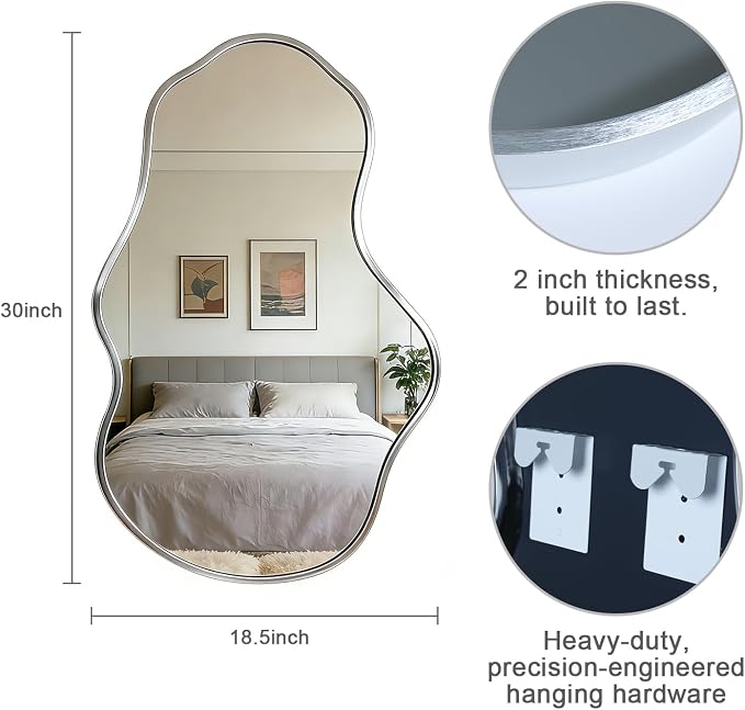 Irregular Wall Mirror Asymmetrical Mirror,18.5''x30'' Silver Mirror for Bathroom Bedroom Living Room Entryway, Decorative Modern Mirror,Wall Mouted（Silver