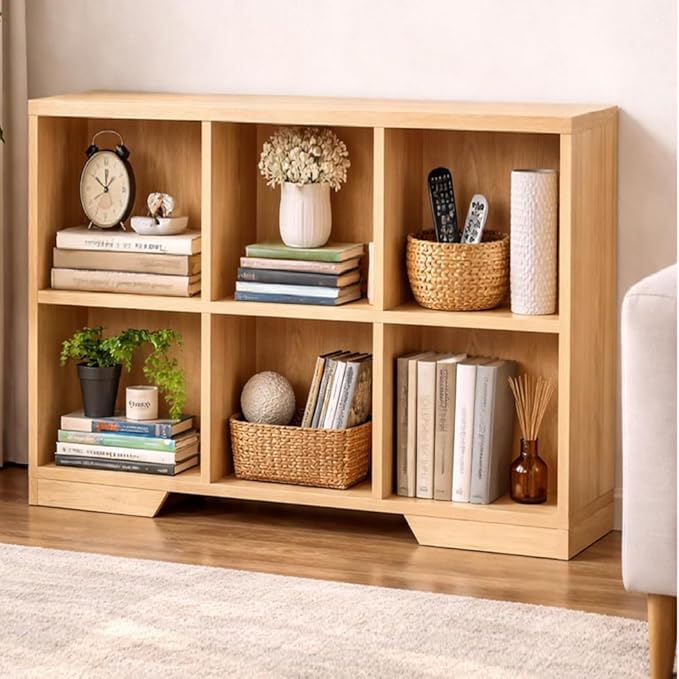 6 Cube Storage Organizer Wooden Bookshelf, Cube Shelf Bookcase, Small Bookshelf Storage Organizer, Narrow Cube Storage Shelf for Bedroom, Small Bookshelf for Living Room and Office (Natural, 6 Cube)