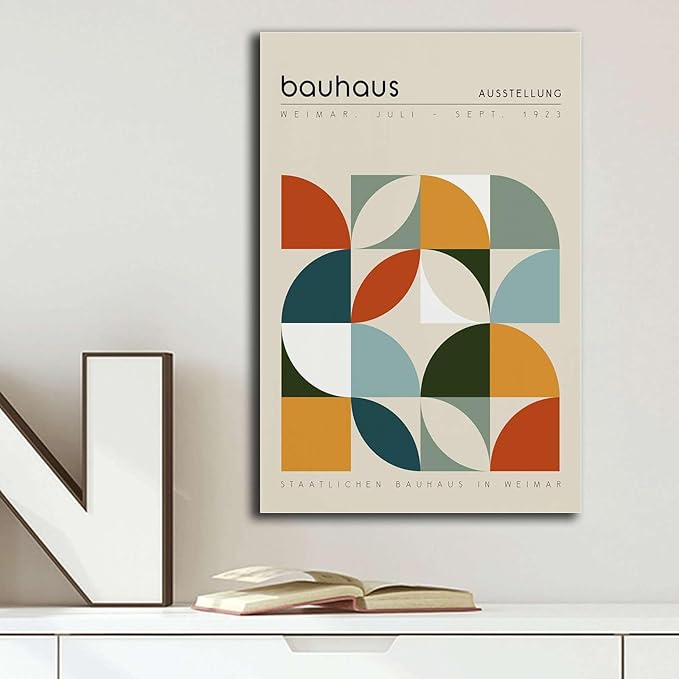 Canvas Painting Poster and Print Pictures Bauhaus Exhibition Poster Geometric Print Abstract Wall Art Mid Century Modern Beige Orange Sage Decor Modern Home and Bedroom Decoration 8x12inch wood Frame
