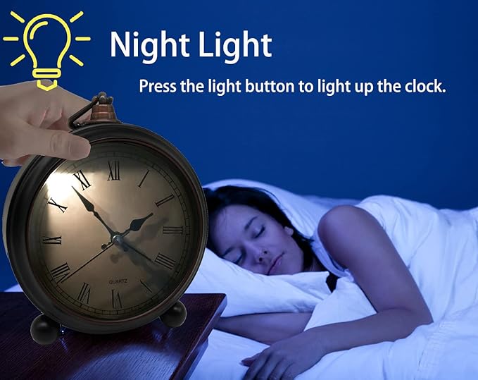 TooTa Vintage Retro Analog Alarm Clock, 4 inch Super Silent Non Ticking Small Clock with Night Light, Battery Operated, Simply Design, for Living Room, Bedroom, Bedside, Desk, Gift Clock (Roman)