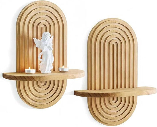 Set of 2 Boho Arched Floating Shelves 15.7”x 7.8”3D Wooden Hanging Shelf for Living Room Bedroom Nursery Mid Century Modern Wall Decor(Brown, 11.7 * 15.7)