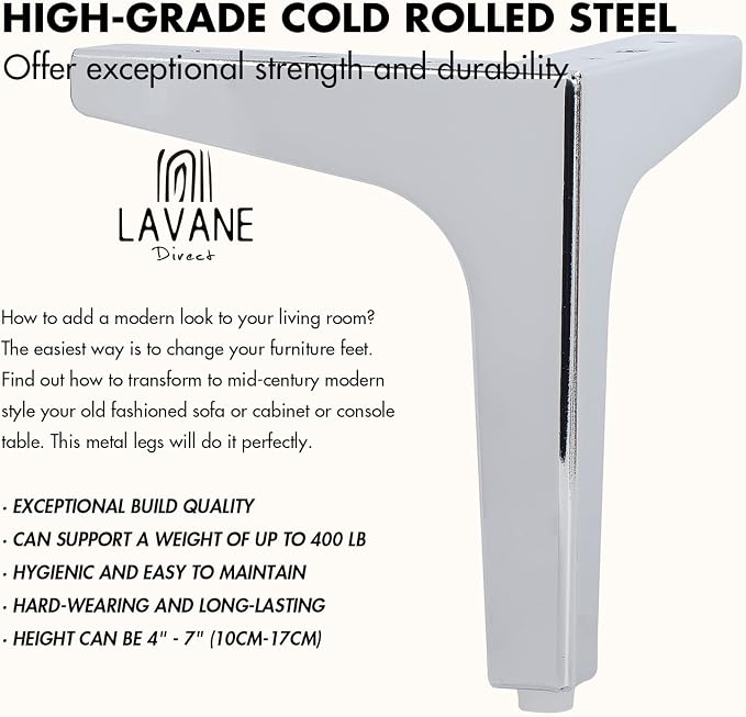 La Vane 5 Inch Metal Furniture Legs, Set of 4 - Modern Diamond Triangle Silver DIY Replacement Feet Corner Legs for Cabinet, Sofa, Sideboard, Couch, Dresser Makeover
