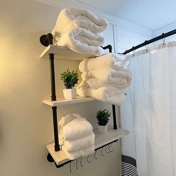 ROGMARS Industrial Pipe Shelving Bathroom Shelves with Towel Bar,3 Tier 24 inch Retro White Rustic Farmhouse Industrial Wall Shelf Bathroom Shelves Over Toilet for Storage