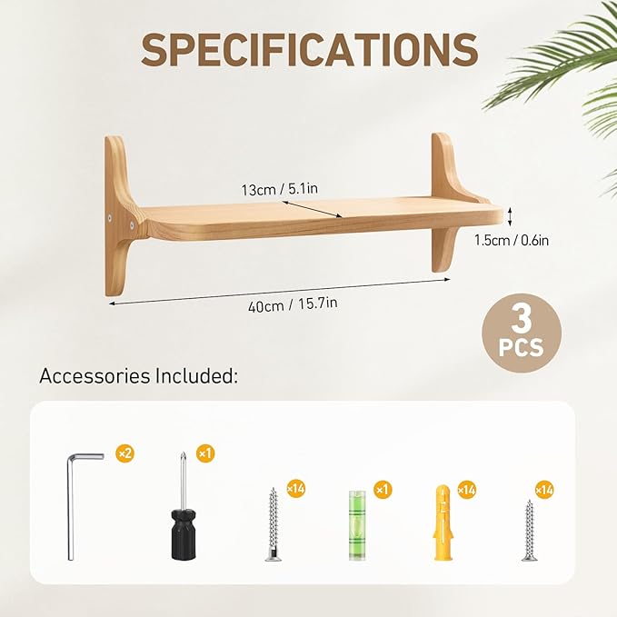 Wooden Floating Shelves for Wall, 15.7" W x 5" D x 0.6" H Large Wall Shelves, Hanging Storage Shelf with Sturdy Brackets for Living Room, Kitchen, Bathroom, Bedroom Decor, Natural, 3 Packs