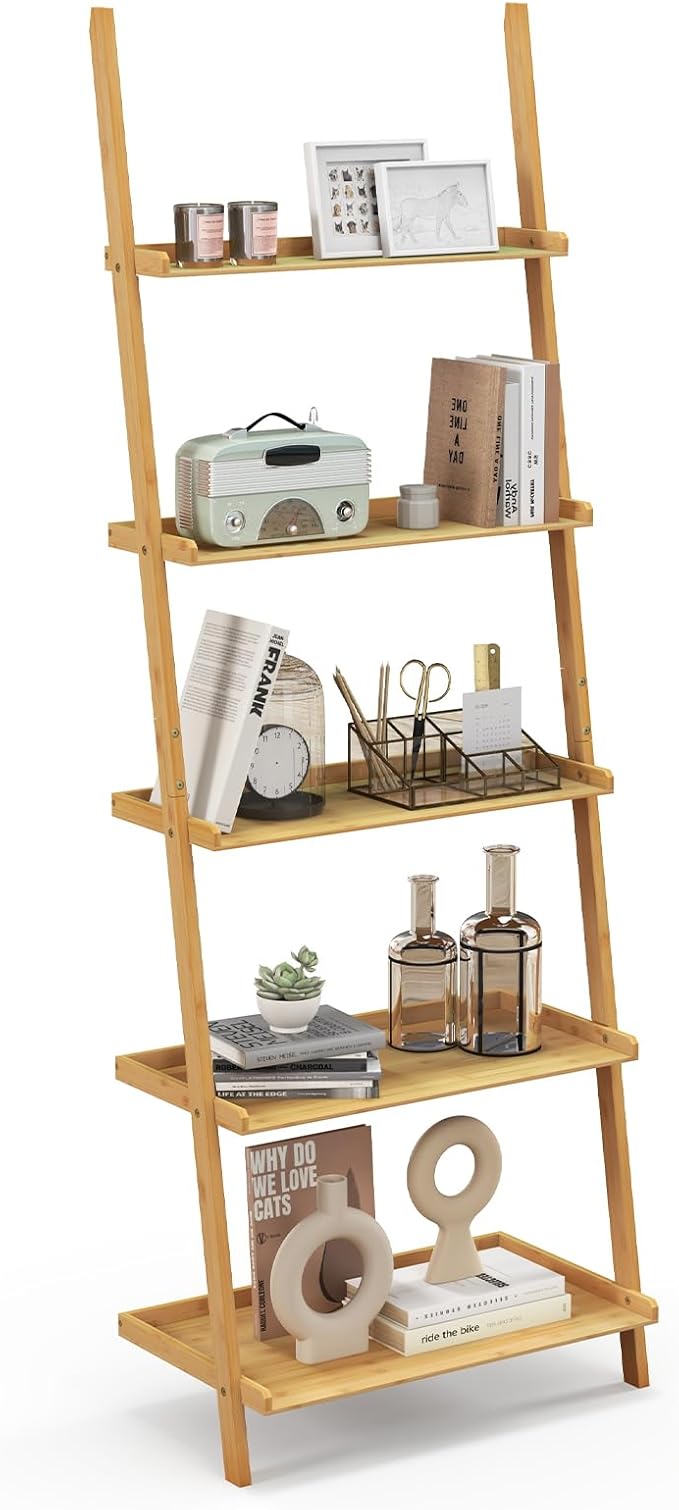 Tangkula 5-Tier Ladder Shelf Bookcase, Bamboo 72”H Wall-Leaning Bookshelf with Baffles and Anti-Tipping Kits, Plant Stand for Living Room Bathroom Home Office Decor, Ladder Bookshelf, Natural