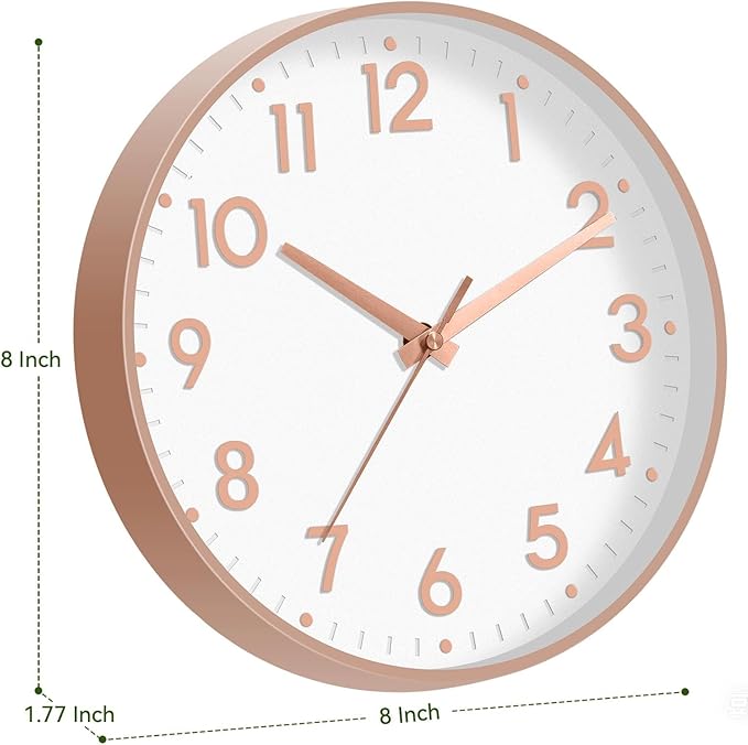 Mosewa Wall Clock 8 Inch, Battery Operated Silent Non-Ticking Modern Analog Clock Decorative for Kitchen, Bedroom, Office(Rose Gold)