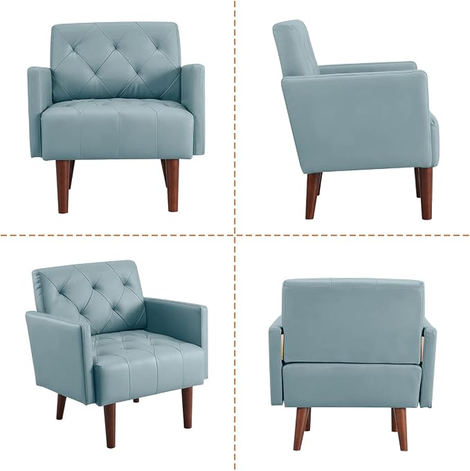 Faux Leather Accent Chair, Modern Retro Arm Chair for Living Room and Bedroom Tufted Upholstered Sofa Club Chair Comfy Armchair for Small Spaces Bedroom Office (Blue)