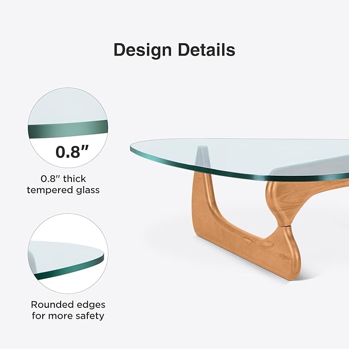 Triangle Glass Coffee Table Vintage Glass End Table, Solid Wood Base and Triangle Clear Glass Top Modern End Table for Living Room, Patio, Study (Light Walnut)