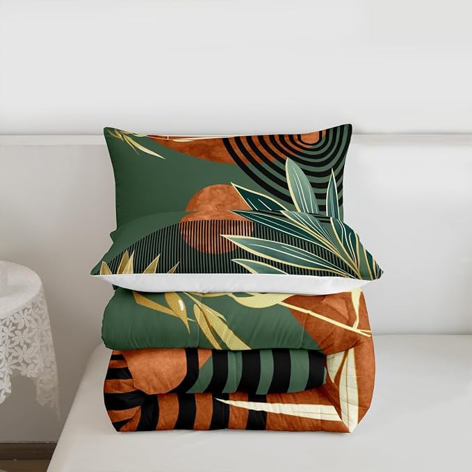 Erosebridal Mid Century Bedding Set King Size Vintage Bohemian Comforter Set,Modern Minimalist Bedding Comforter Sets Abstract Geometric Stripes Art Quilt,Green Orange