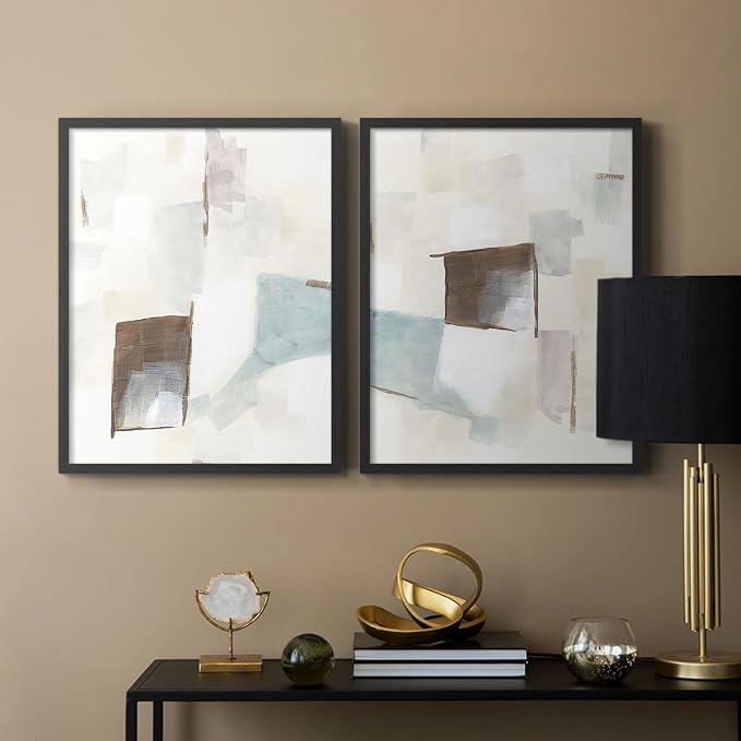 Renditions Gallery Set of 2 Peel & Stick Framed Prints, Abstract Wall Art, Minimalist Color Block Brush Strokes Wall Decor, Re-Stickable - Ready to Hang - 11"x14" - Black Frame LT588