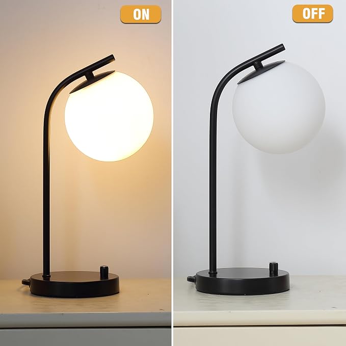 Black Globe Dimmable Table Lamp Minimalist Nightstand Lamps Mid Century Modern Desk Lamp with Milk White Glass Shade Metal Base for Dorm, Living Room Bedroom, Office,Kids Room (Tall-Black)