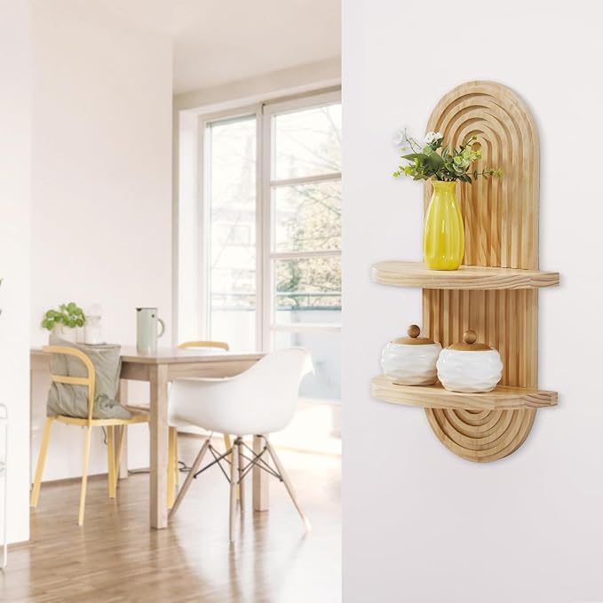 Wooden Arched Wall Shelf - Boho Decor Floating Shelves Book Display Rainbow Shelf for Home Bedroom Living Room Nursery Office 22 x 11.8 Inches Natural