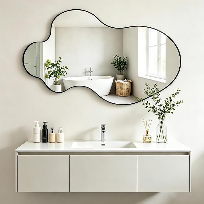 Irregular Wall Mirror, 30"x18" Asymmetrical Decorative Accent Mirror with Black Metal Frame, Organic Shape Mirrors for Entryway Bedroom Living Room, Horizontal or Vertical Hanging