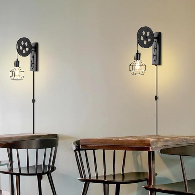 Plug in Wall Sconce Rustic Wall Light Lift Pulley Matte Iron Cage Shade Metal Black Industrial Mid Century Wall Lamp Indoor Lighting Barn Restaurant