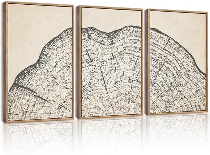 KUVIOKE Framed Tree Rings Wood Wall Art Modern Retro Beige Wood Stump Wall Decor Nature Abstract Art Print for Living Room Bedroom 16x24in (Natural Framed)