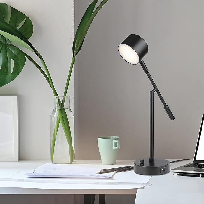 Globe Electric 52271 Aristocrat 16" Integrated LED Swing Arm Desk Lamp, Matte Black, Dimmable On/Off Rotary Switch at Base, 2.1A USB Port